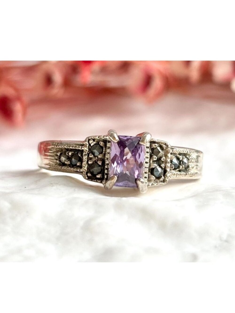 Art Deco Amethyst Gemstone Marcasite Sterling Silver 925 Vintage Ring - sz 9